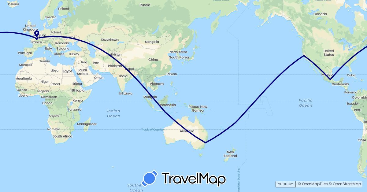 TravelMap itinerary: driving in Australia, Fiji, France, Indonesia, Mexico, United States (Asia, Europe, North America, Oceania)